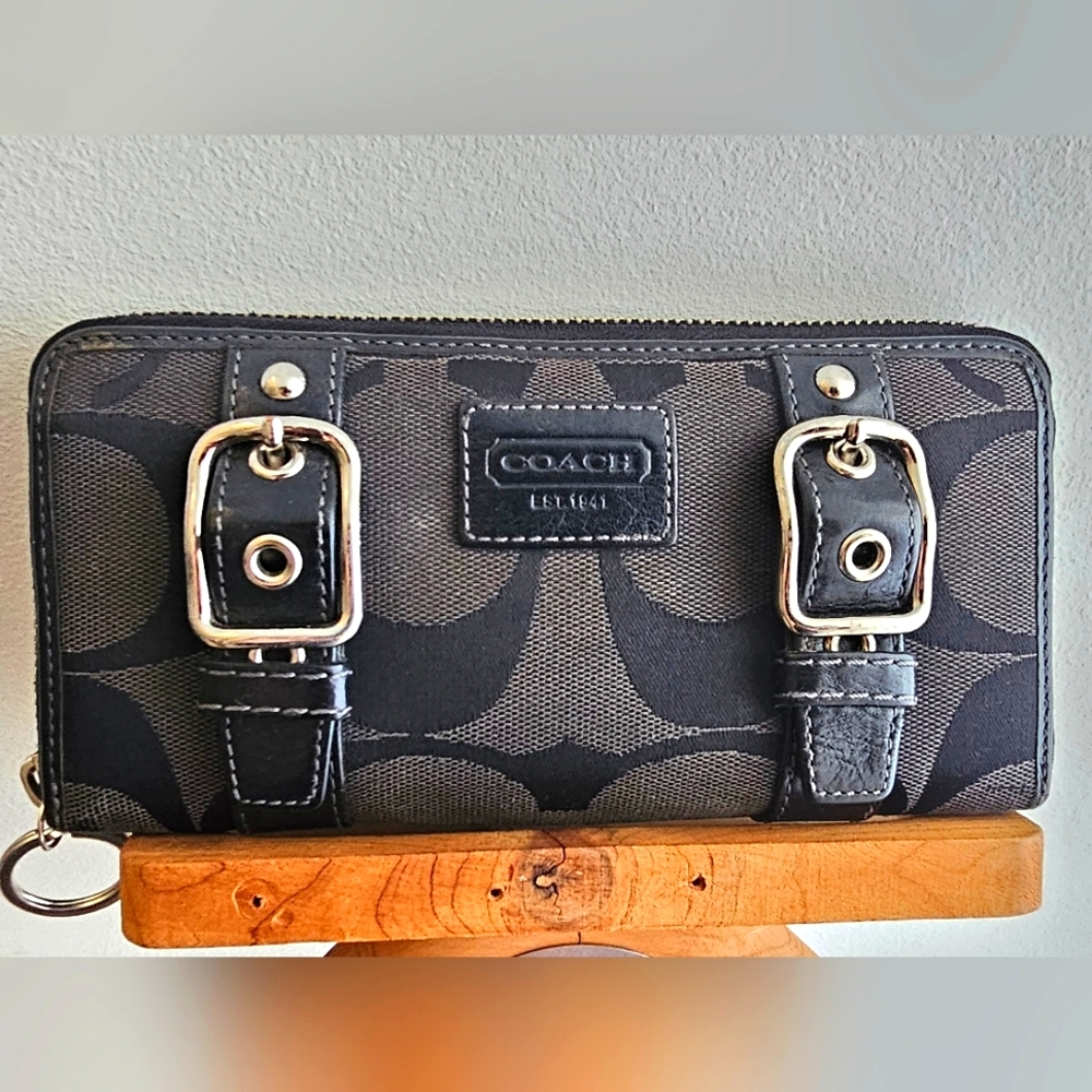 Coach signature jacquard zip clutch wallet, black and grey, vintage